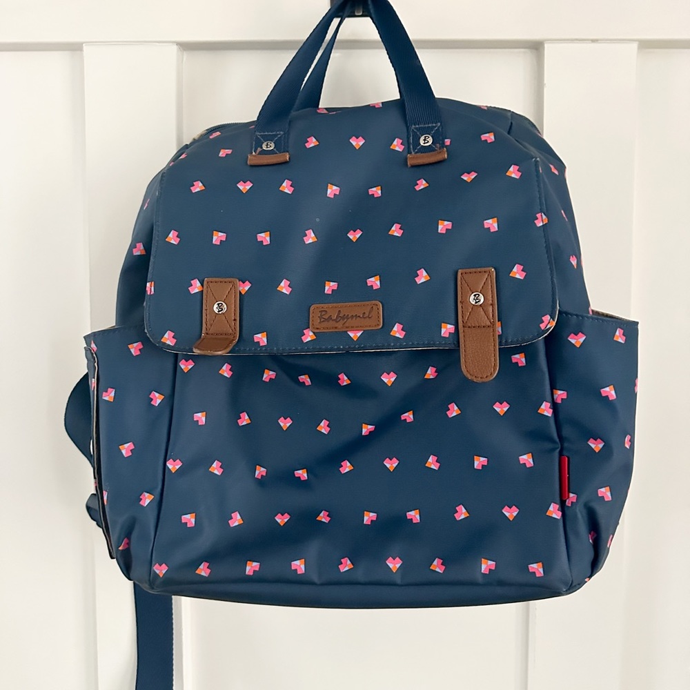 Baby Mel Origami Heart navy diaper bag.